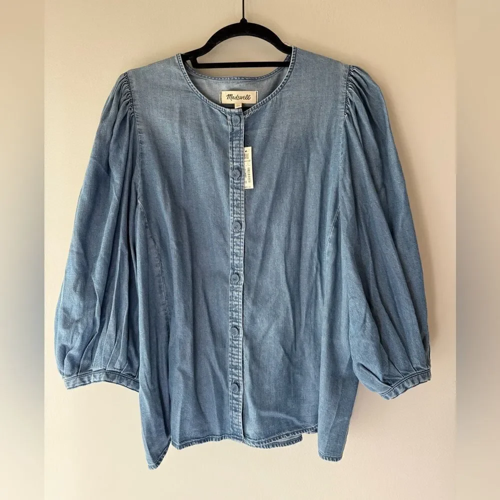 NWT Madewell Denim Puff-Sleeve Button-Up Top Size 12